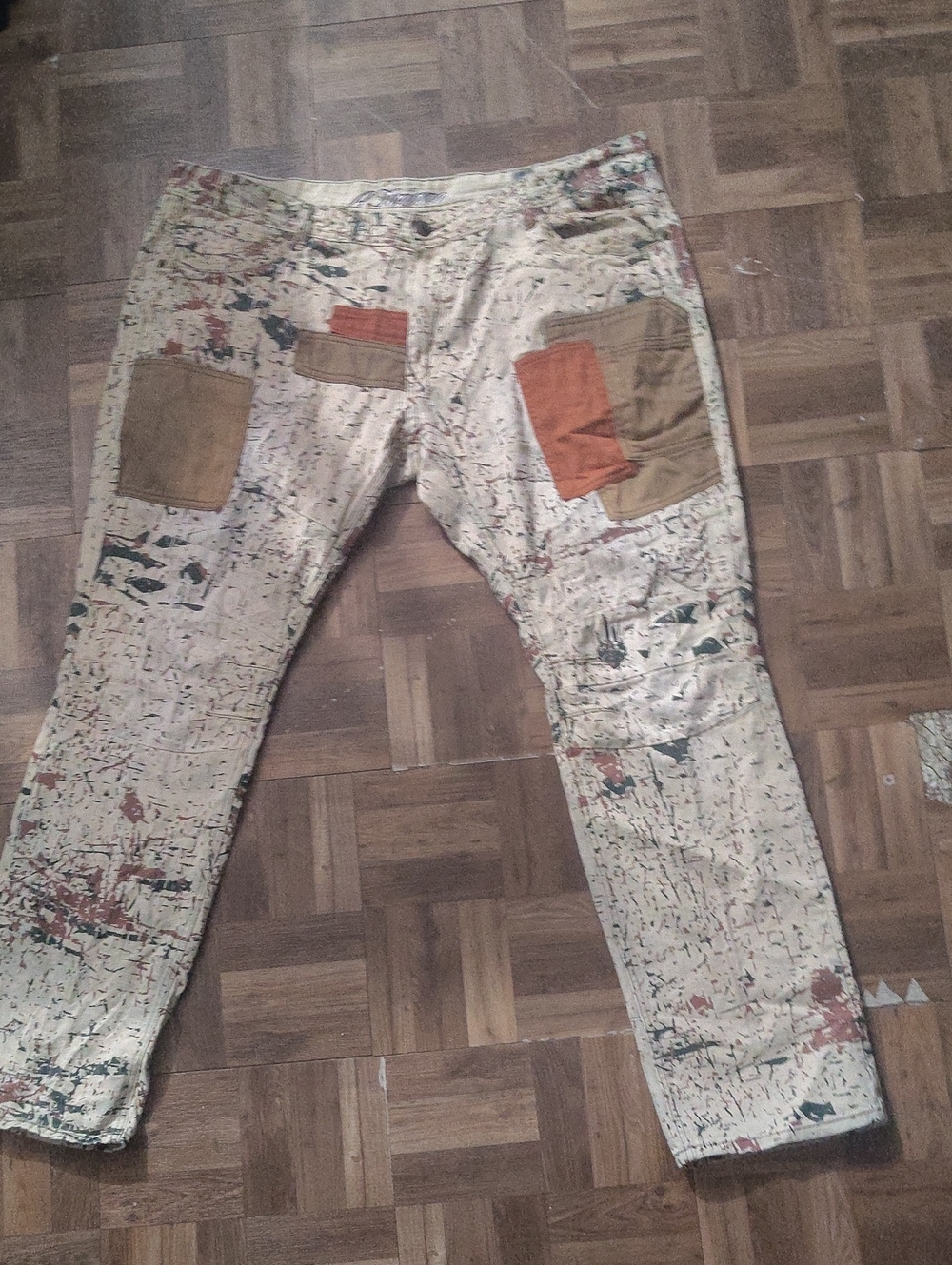 Painter-Style Cargo Pants for Men in Cream with Brown & Orange Patch Pockets